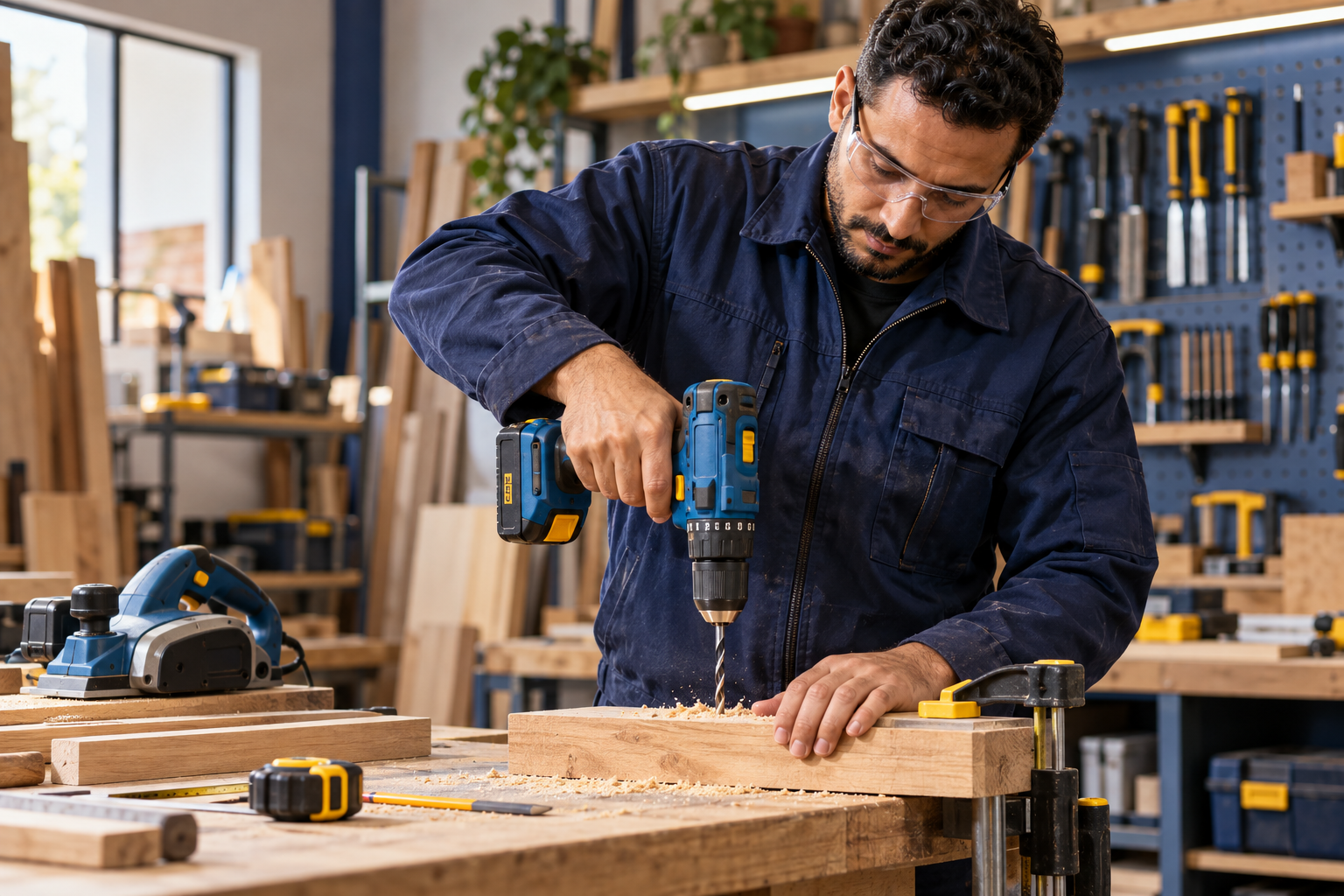 Un artisan au travail dans son atelier, utilisant une perceuse sur une pièce de bois